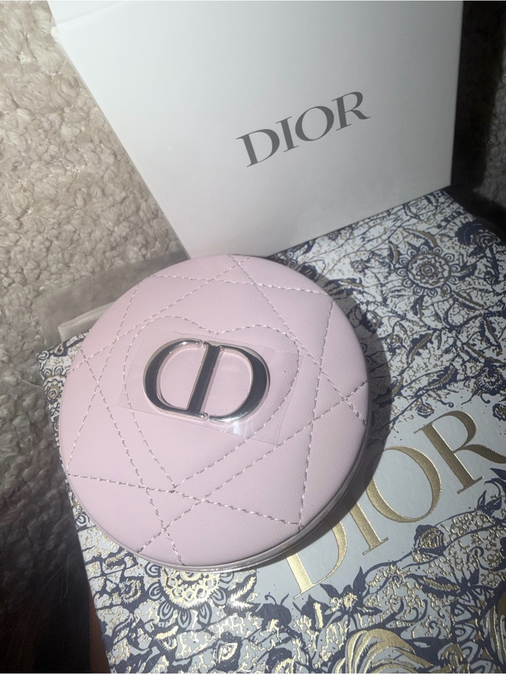 Dior Light Pink Quilted CD Round Mirror with heart on front